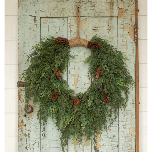 Barn Door Other - 28" Cedar and Cones Hanging All Seasonal Farmhouse Decoration Artificial Wreath